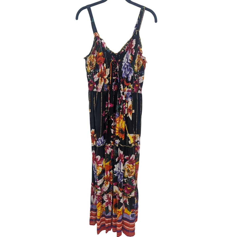ME 2 MAGIC Anthropologie Floral Maxi Dress Medium Black Colorful Boho Lace Up